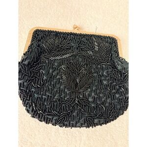 Vintage Black Beaded Evening Clutch Bag Kiss Lock Frame